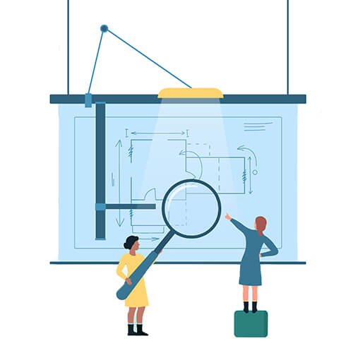 Illustration d'un bureau d'étude devant un plan